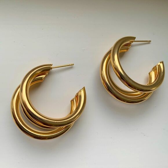 Men’s Hollow Triple Hoop 14k Gold Plated Earrings Tri Hoop Earrings - Picture 4 of 8